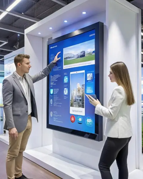 Two business professionals discuss content displayed on a large, vertical, interactive digital screen in an exhibition setting.