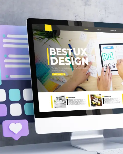 A desktop monitor displays a web design showcasing the phrase "BEST UX DESIGN" and various design projects with colorful icons in the background.