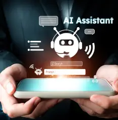 A businessman holding a smartphone with a digital AI assistant graphic, featuring chat bubbles and a search bar.