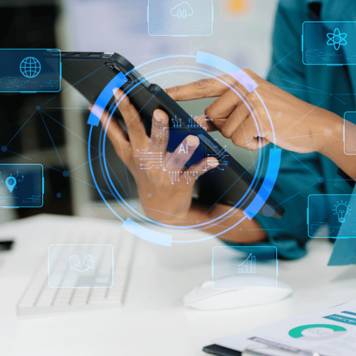 Graphic designer work on computer laptop and with graphic drawing pen while brainstorming unique design with professional graphic team in modern digital studio workplace